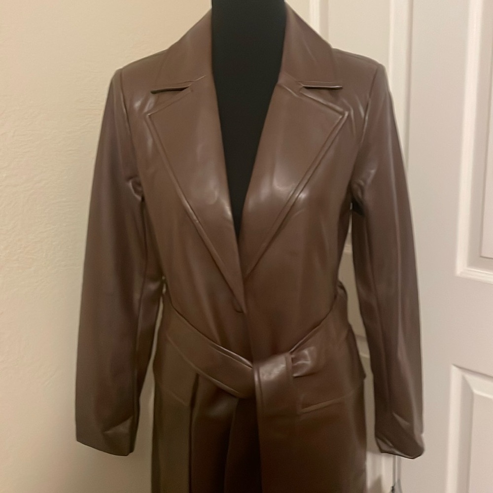 New Bagatelle New York Chocolate Brown Faux Leather Trench Coat - Picture 7 of 16